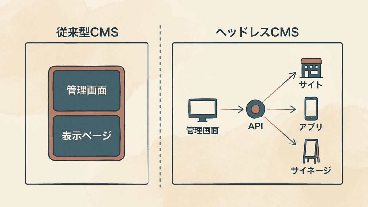 従来型のCMSとヘッドレスCMSの構造の違いを示した図