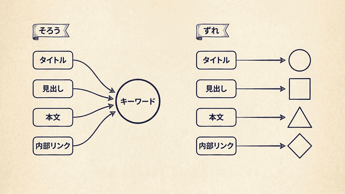 タイトル、見出し、本文、内部リンクが同じキーワードを向いているページと、別々のキーワードを向いているページを比べた図