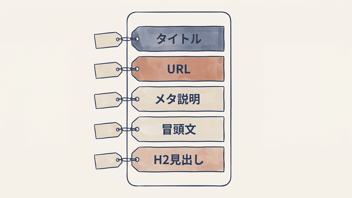 タイトル・URL・本文冒頭・見出しへのキーワード配置を示した図