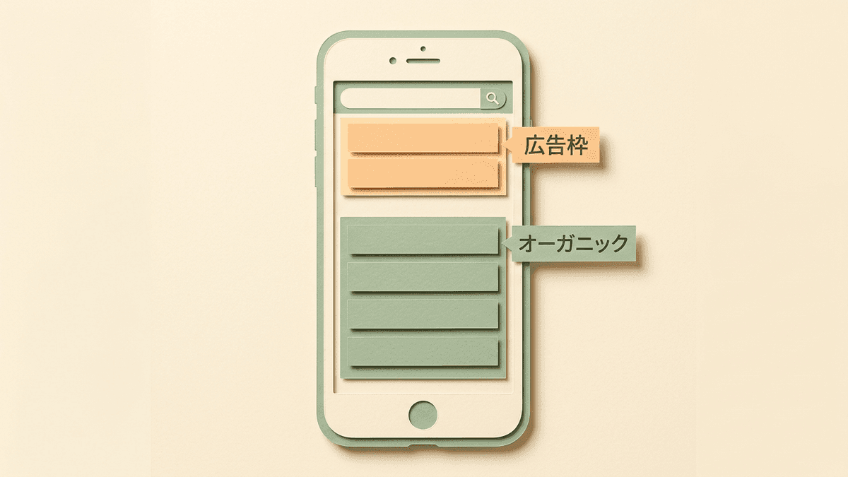 検索結果の画面で広告枠とオーガニック検索の枠を分けて示した図