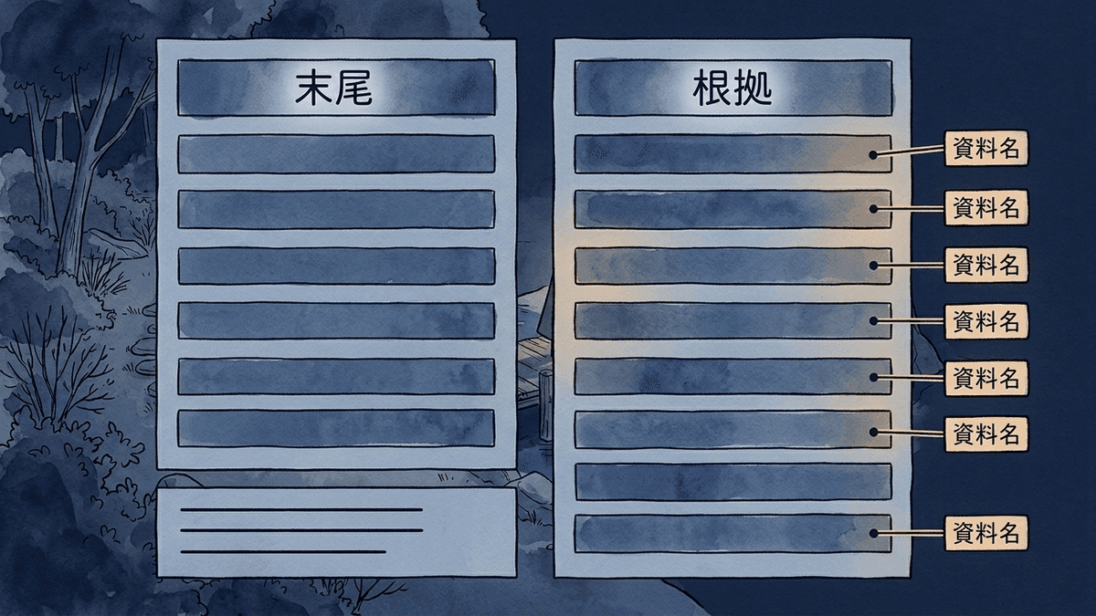 出典のリンクを記事の末尾にまとめる場合と、根拠の文のすぐ後に置く場合を比べた図