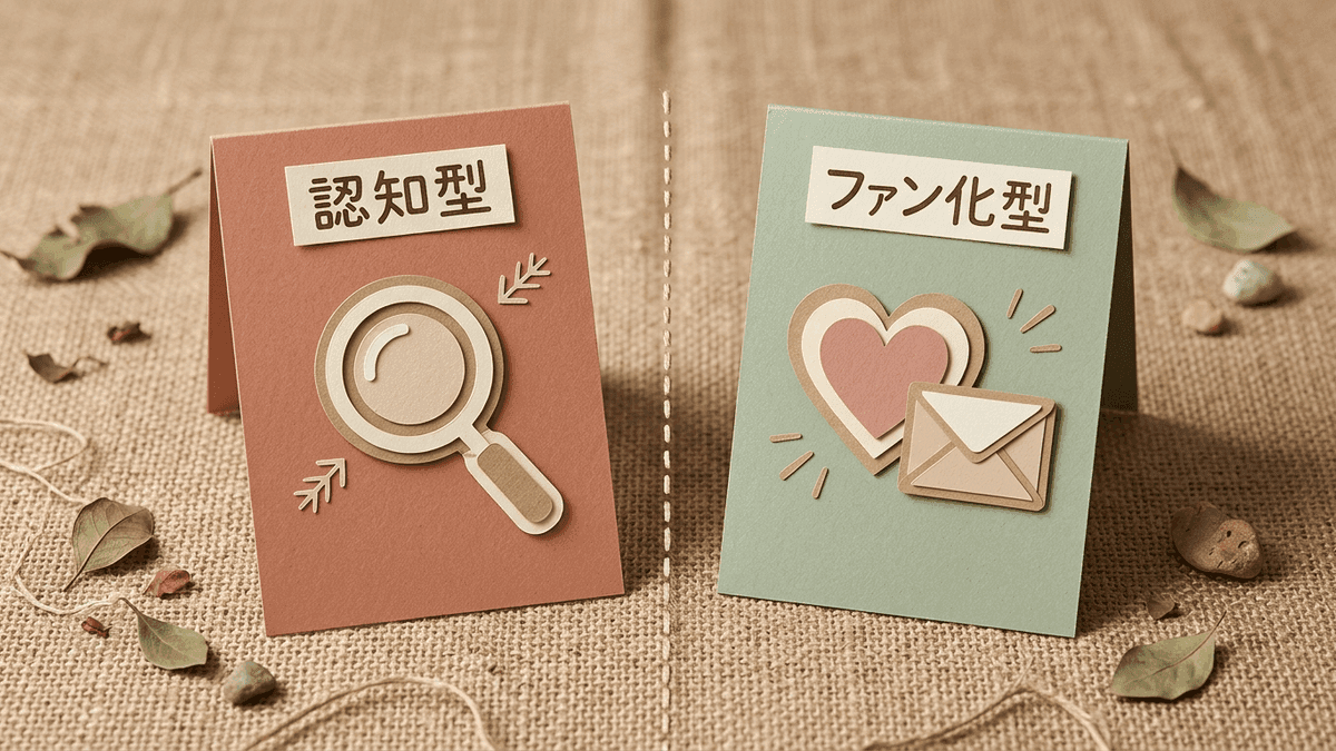 認知型オウンドメディアとファン化型オウンドメディアの違いを、入口となるチャネルと狙う読者層の観点で左右に並べて比較した図