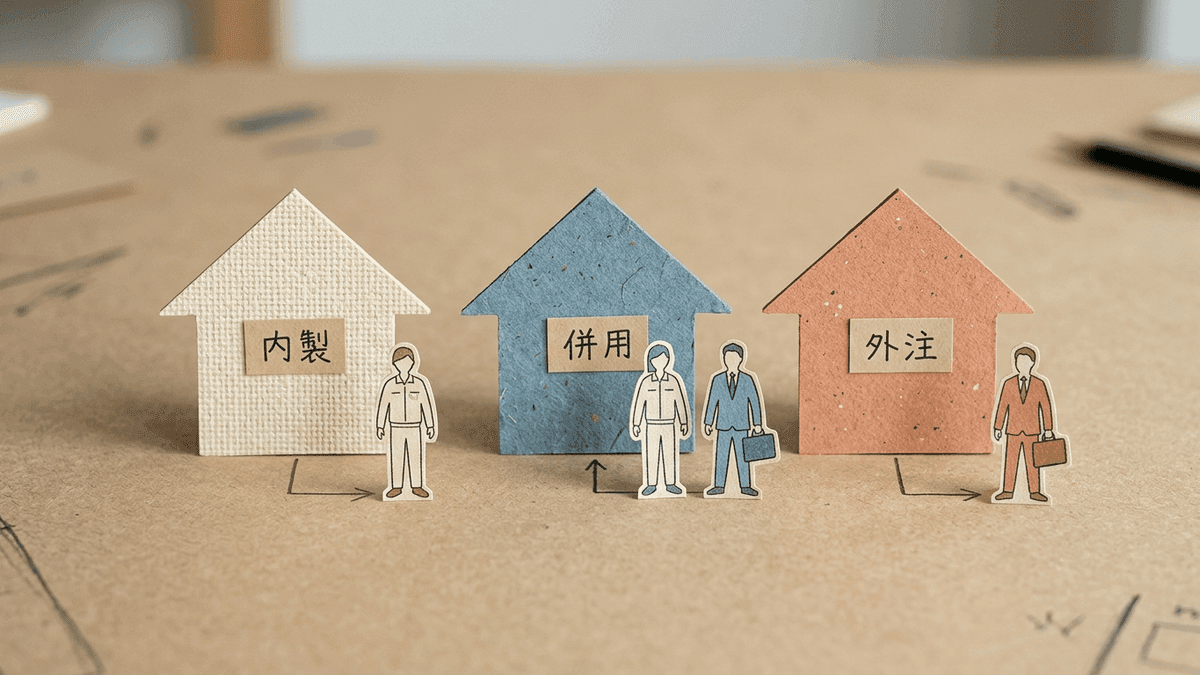 完全内製・パートナー併用・外注の三つの運用体制を比較した図