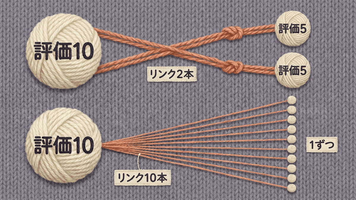 リンク元のページの評価が、リンクの本数で分かれてリンク先へ渡る様子を示す図