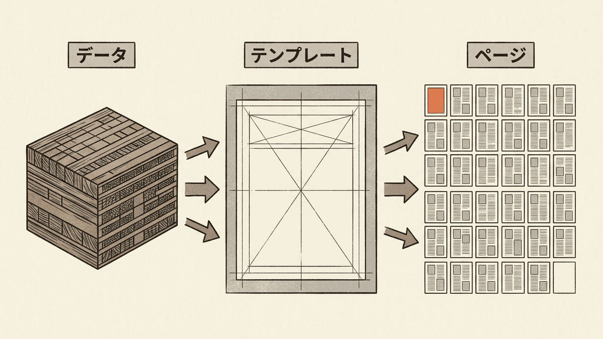 データの表の各行とページのテンプレートが組み合わさり、組み合わせの数だけページが並ぶ図