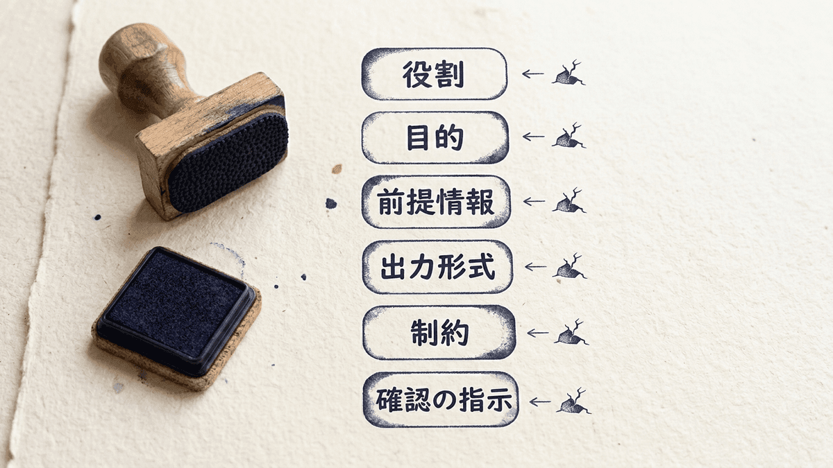 プロンプトテンプレートを構成する6つの要素と、それぞれを省いたときに崩れる箇所を示した図解