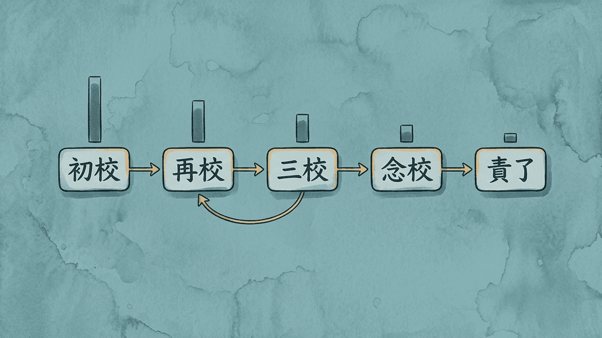 初校から責了までの校正工程を左から右へ並べたフロー図