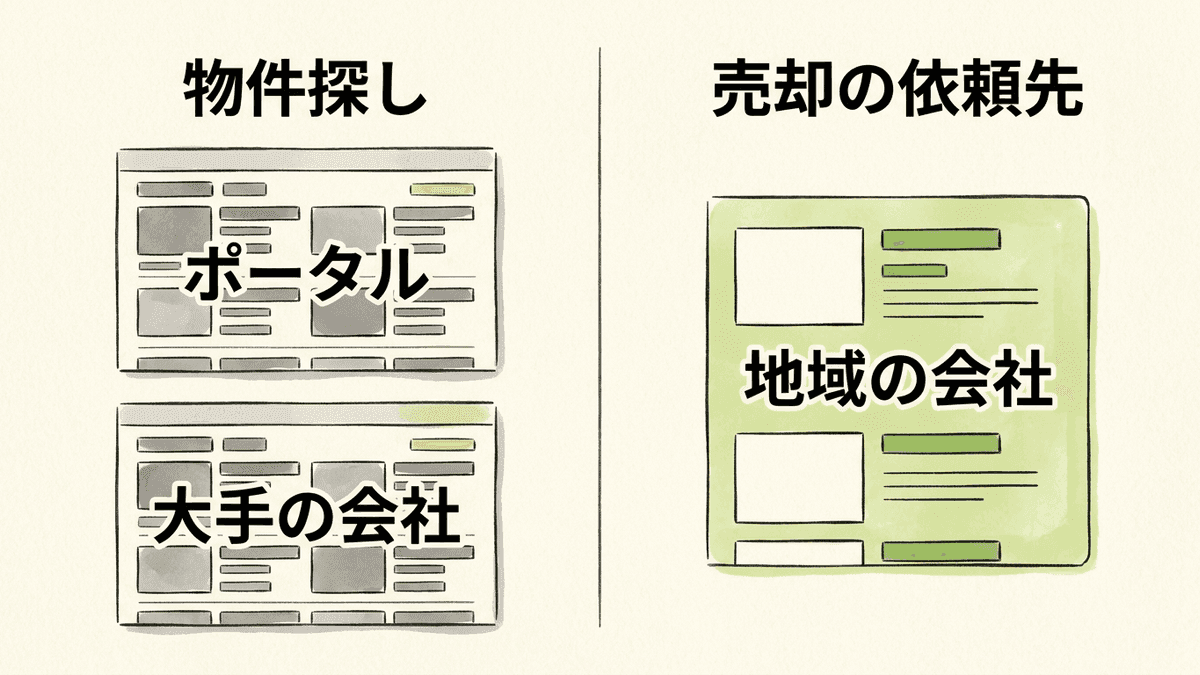 物件を探す検索と、売却の依頼先を探す検索で、上位に入るサイトの種類が違うことを示した図