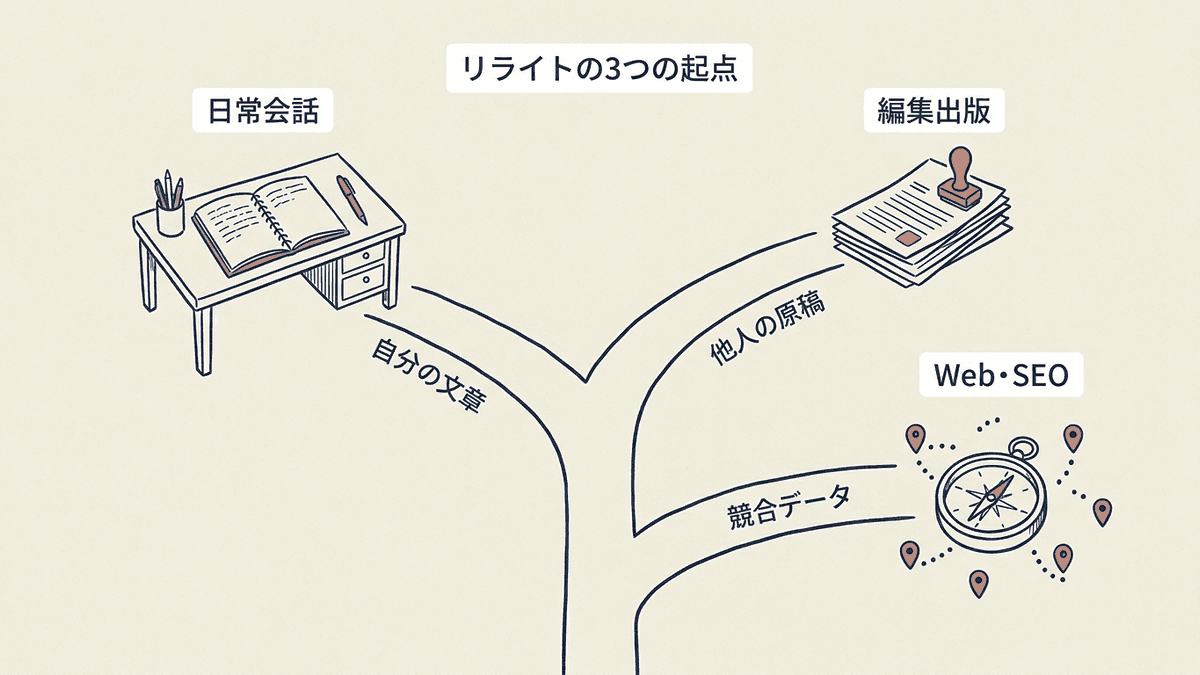 「リライトする」の3つの意味と、それぞれ何を起点に作業が始まるかを並べた図