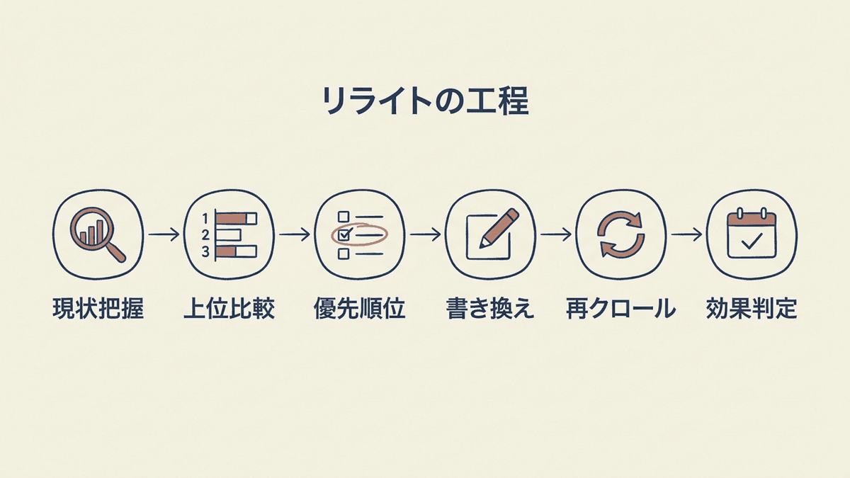 Web記事のリライトを、現状把握から効果判定まで時系列で並べた工程図