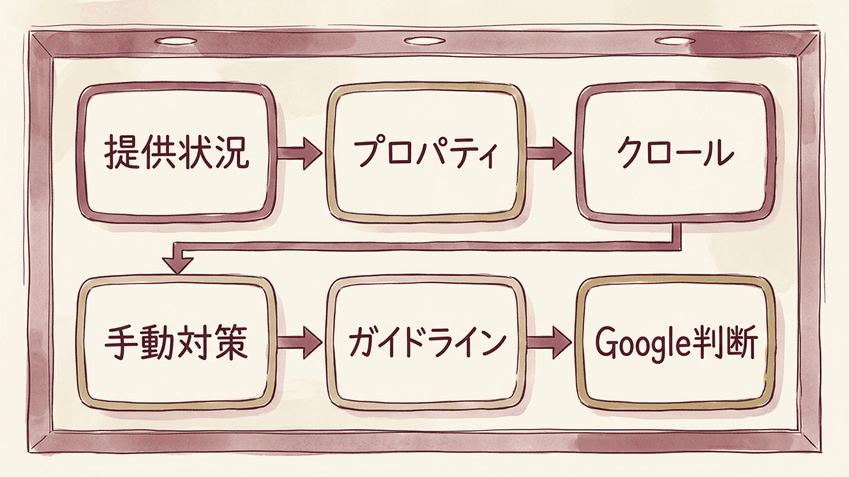 リッチリザルトが表示されない原因を6つの順番で確かめる流れの図