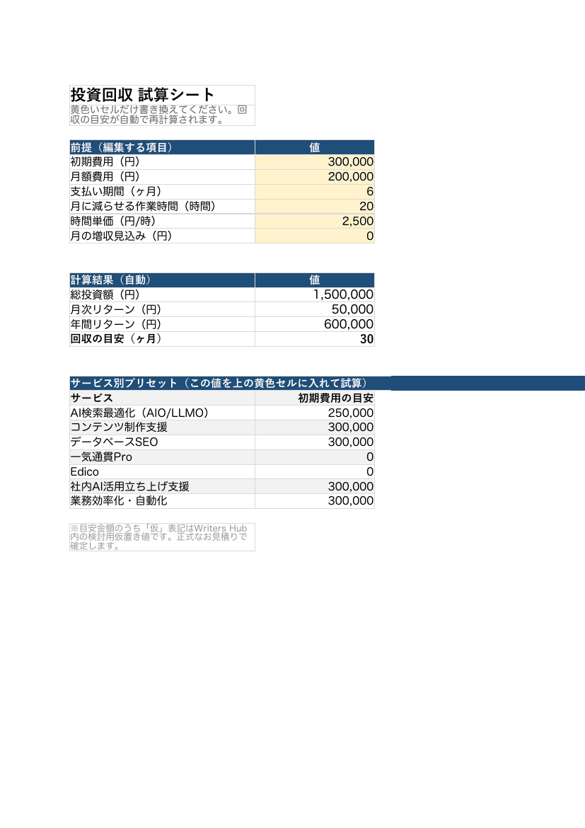 投資回収試算シート(Excel) プレビュー1