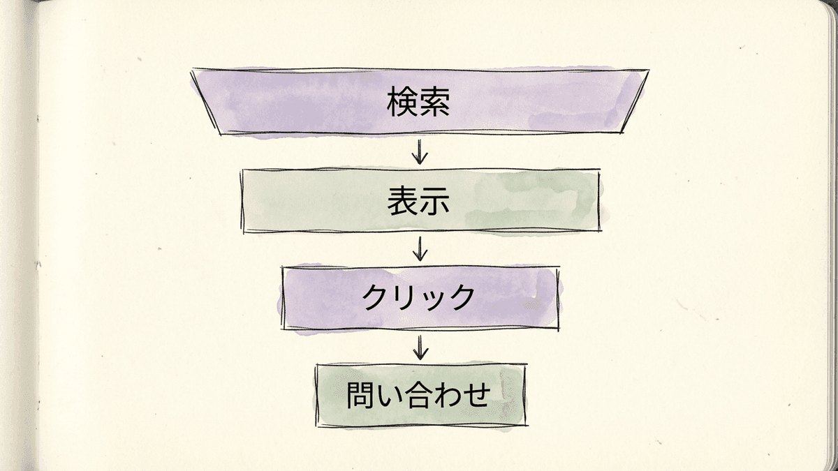 検索された回数から、自社のページが表示された回数、クリックされた回数、問い合わせの数へと絞られていく流れを示した図