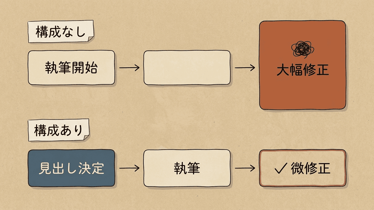 構成を決めずに書いた場合と、構成を決めてから書いた場合の作業の流れを比較した図
