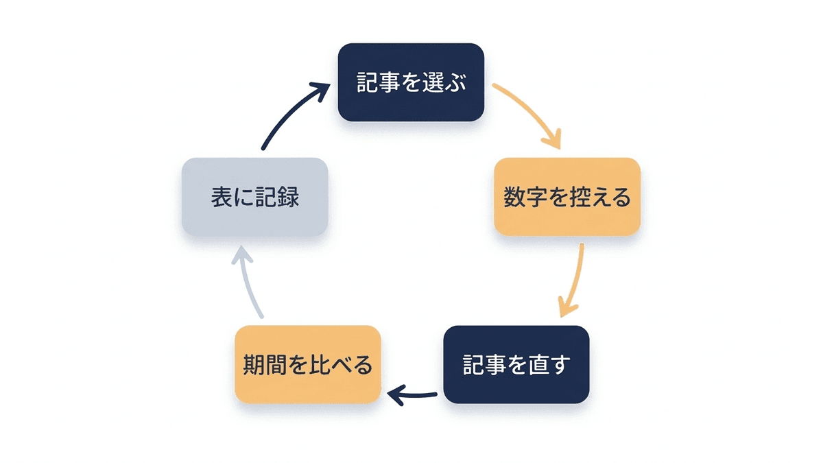 リライトする記事を選んでから効果を確かめ、翌月の優先順位に戻すまでの流れの図