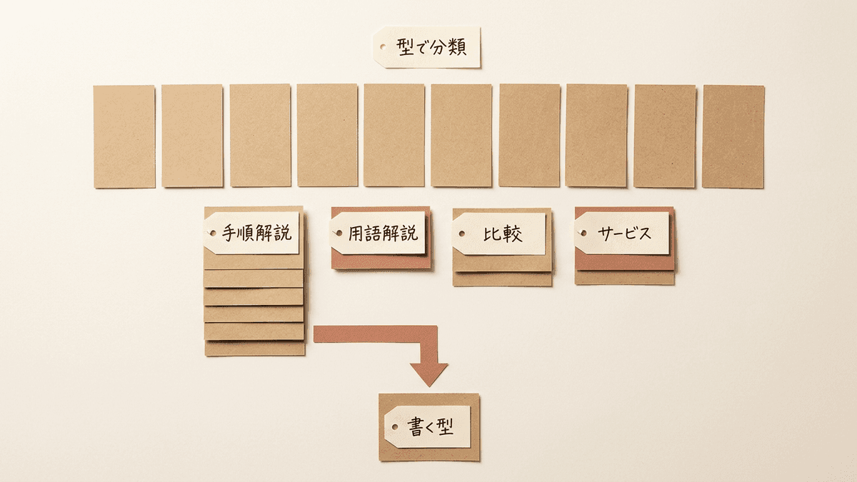 検索結果の上位10件を記事の型に分類し、検索意図を判定する流れの図解