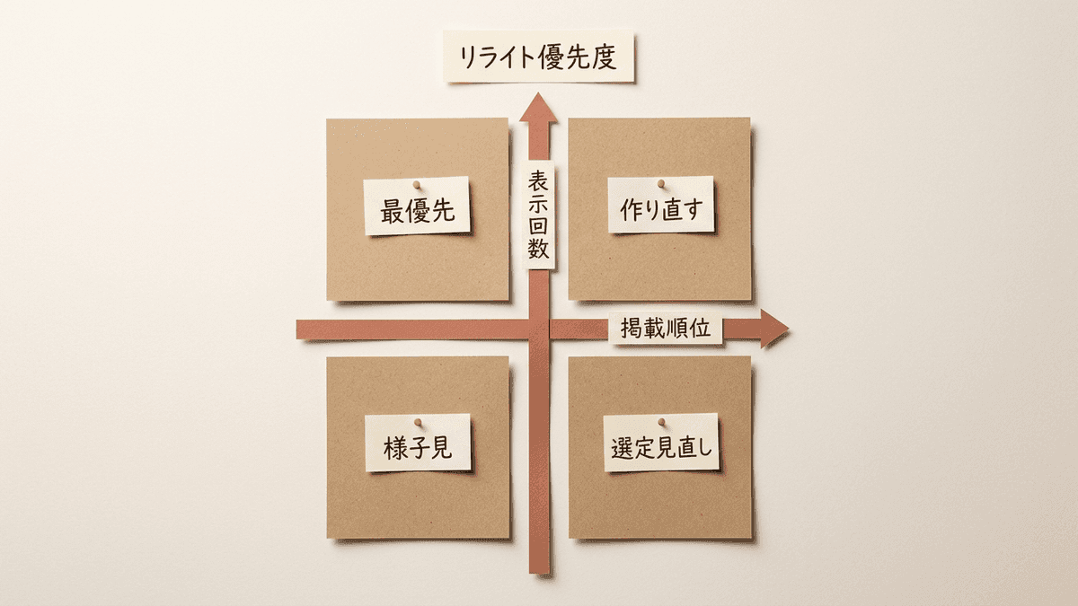 表示回数と平均掲載順位の2軸でリライト優先度を4つに分ける図