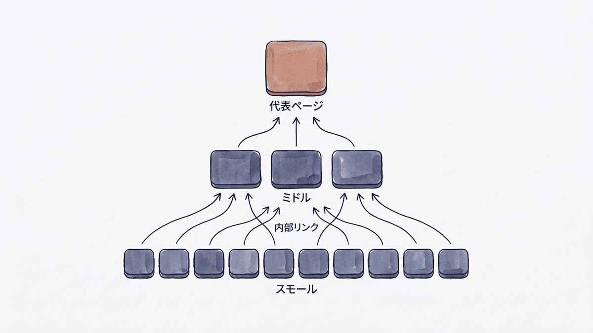 スモールキーワードから代表ページへ積み上げる順番を示した図