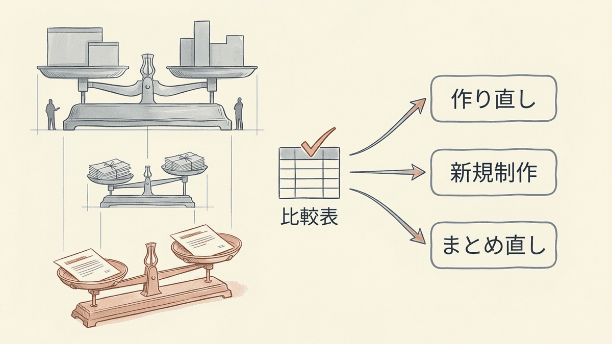 比較表の印から3つの打ち手に分かれる流れの図