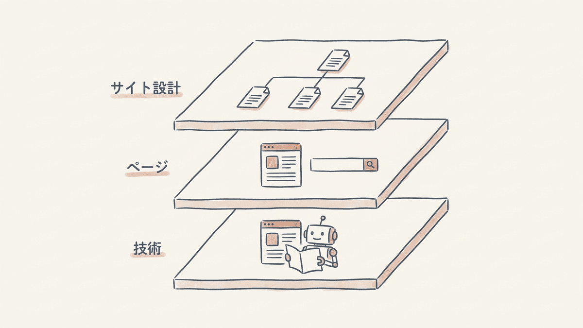 SEO診断で調べる技術・ページ・サイト設計の3つの層を示した図