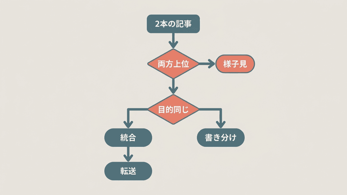 記事の重複を見つけたときに統合か棲み分けかを選ぶ判断フロー