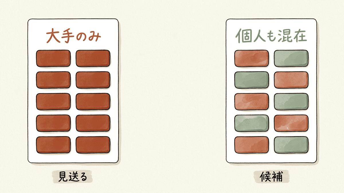 上位10ページの顔ぶれで、最初に狙うキーワードを見送るか選ぶかを判断する比較の図