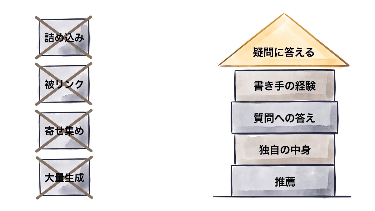 SEOの各時代に効いた手法が塞がれ、評価に残ったものが積み重なる構造の図