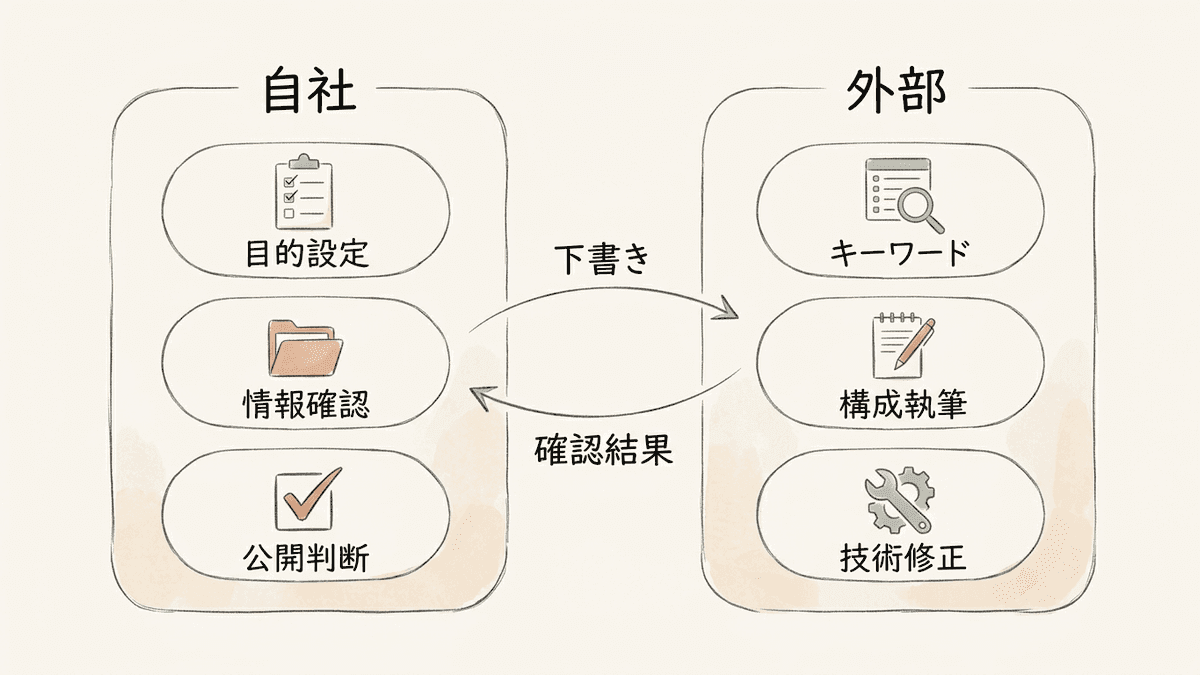 自社に残す作業と外部に任せやすい作業を左右に分けた分担図