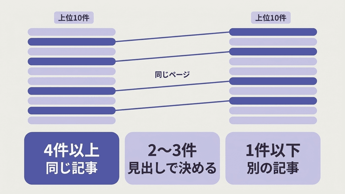 2つのキーワードの検索結果の上位10件を並べ、同じページの数で同じ記事にするか別の記事にするかを分ける図