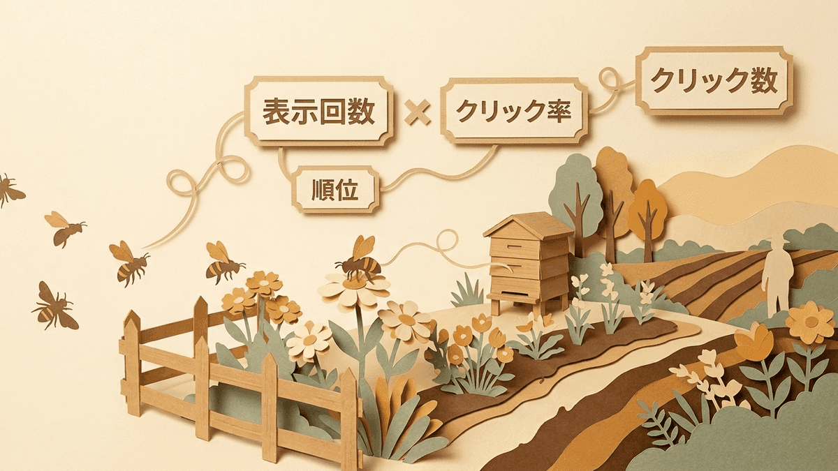 表示回数と順位とクリック率が掛け合わさってクリック数になる関係を示した図