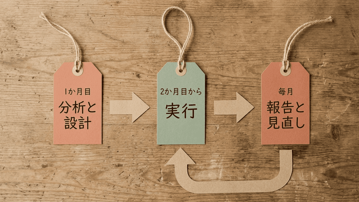 SEO対策を発注した後の1か月目から毎月までの進め方を示した図