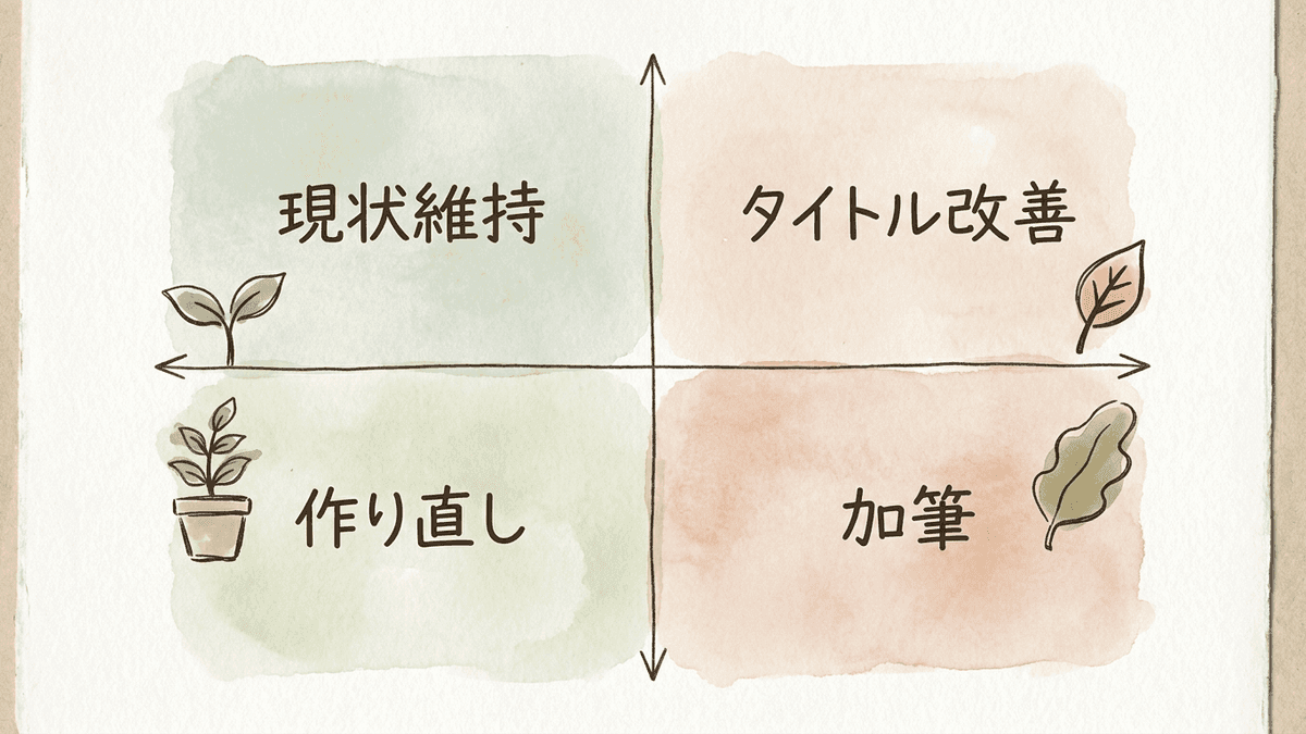 順位とクリック率で対象記事を仕分けるマトリクス図