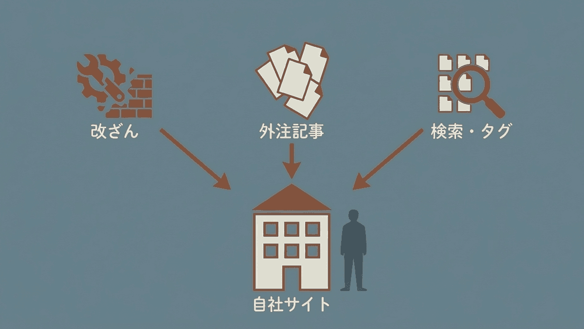 意図せずSEOスパムに巻き込まれる3つの経路の図解