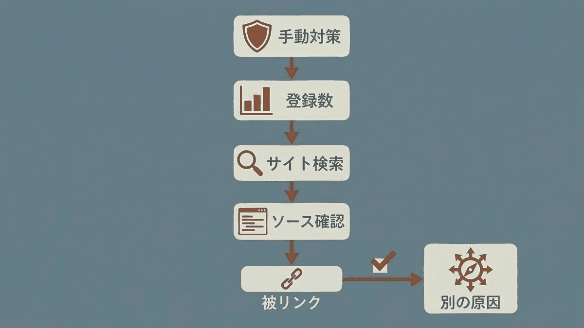 スパム判定を疑ったときの確認手順のフロー図