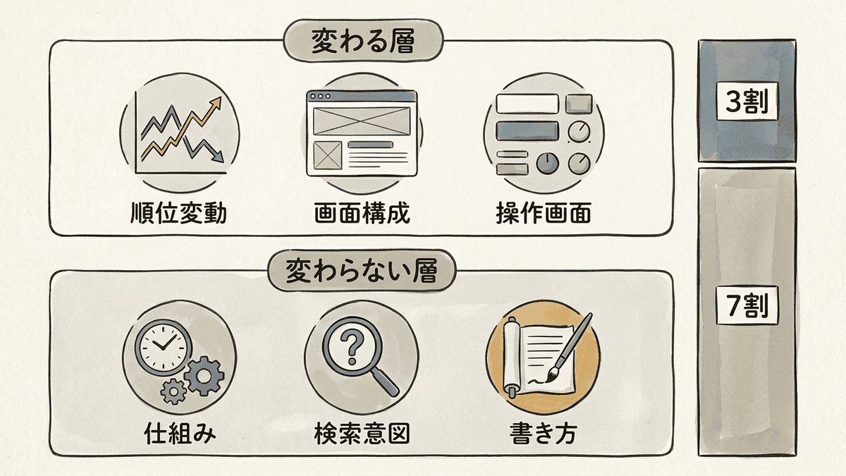 SEOの知識を変わらない層と変わる層に分けた図