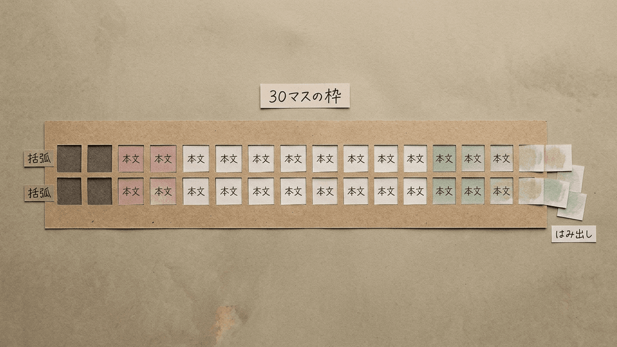タイトル30字の表示枠を、記号と本文の語がどう分け合うかを示した図