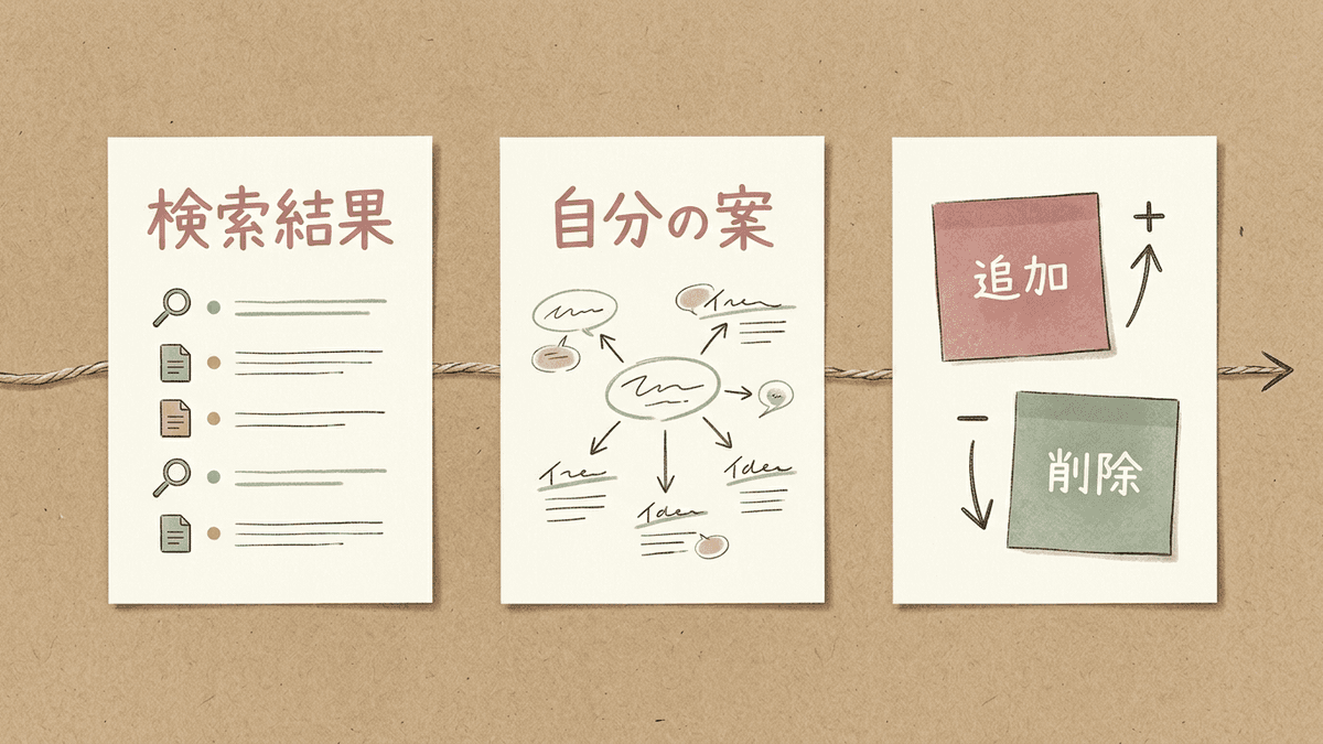 検索結果を確認して記号を使うか判断する流れを示した図