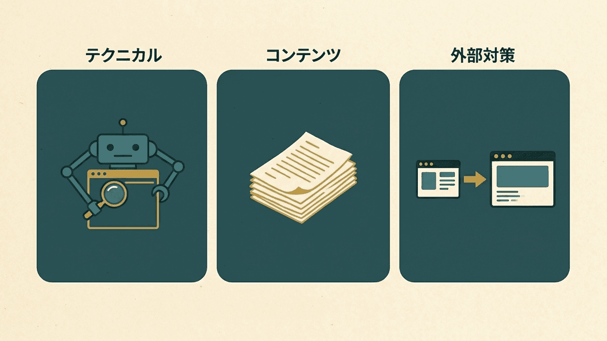 SEO対策の3つの種類が働きかける対象を示す図