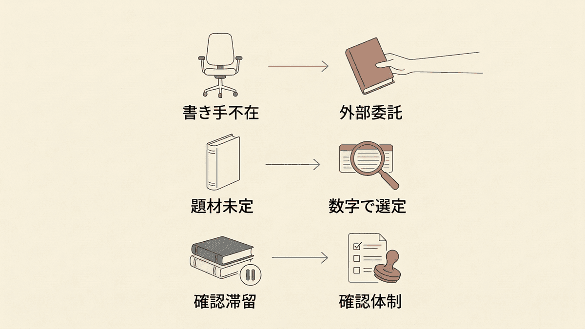 更新が止まる3つの原因と、それぞれに対応する立て直しの手を並べた図