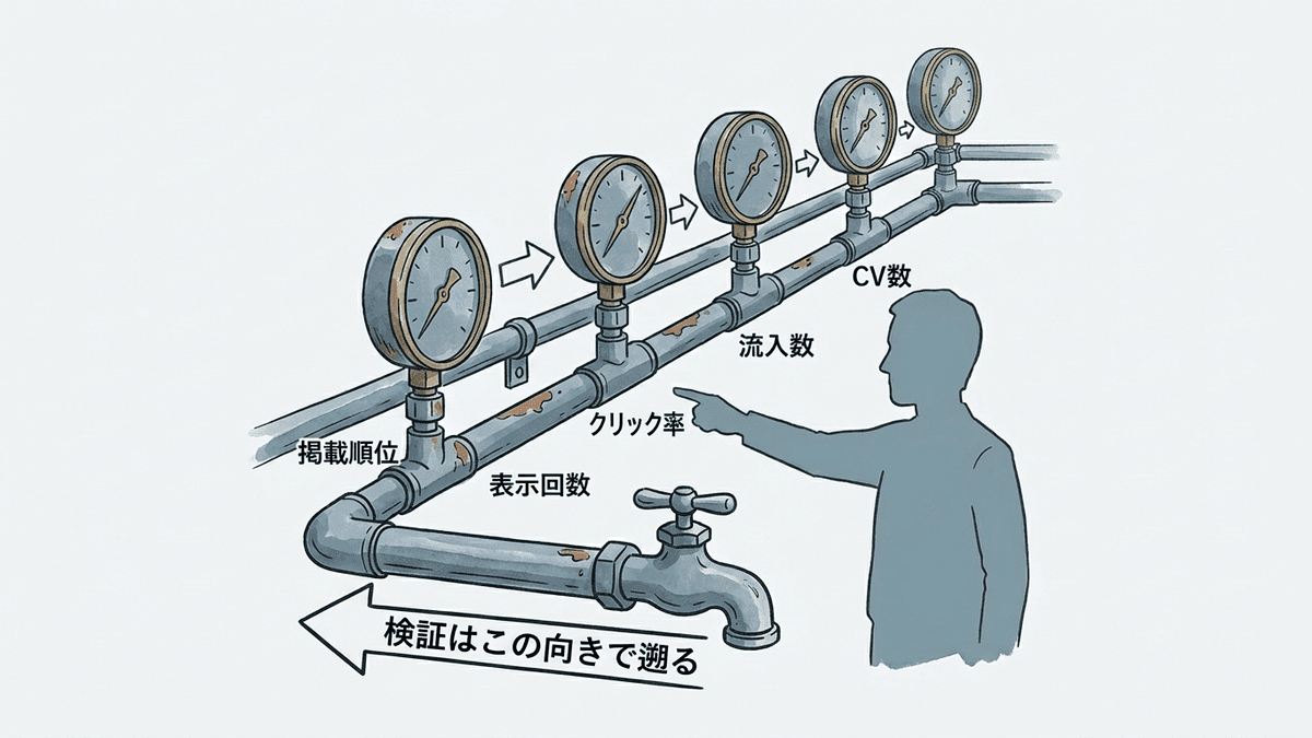 掲載順位から表示回数、クリック率、流入数、コンバージョン数へとつながる5つの指標の連鎖と、検証時に遡る向きを示した図