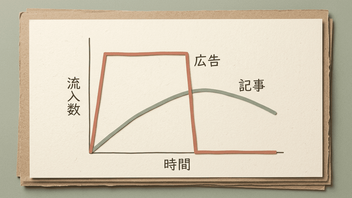 広告と記事で流入の残り方が変わることを示した時間軸の図