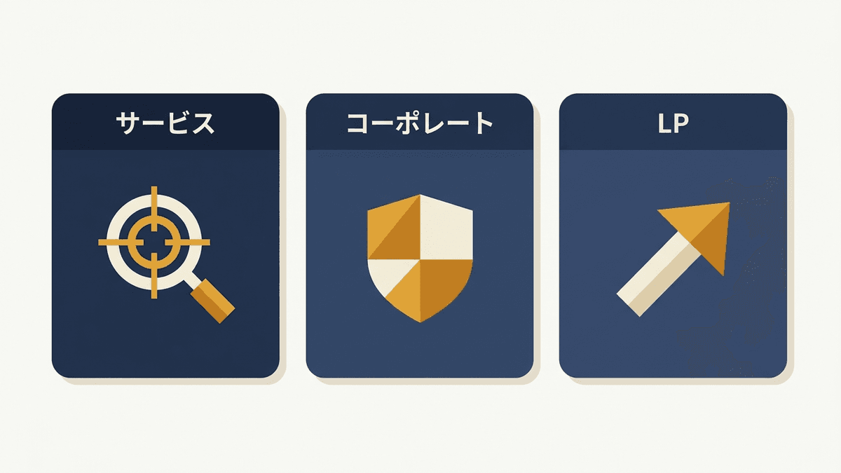 サービスサイト・コーポレートサイト・LPの違いを目的と読者の軸で整理した図