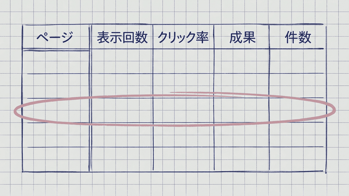 ページごとに検索の数字とサイトでの成果を並べた表の図
