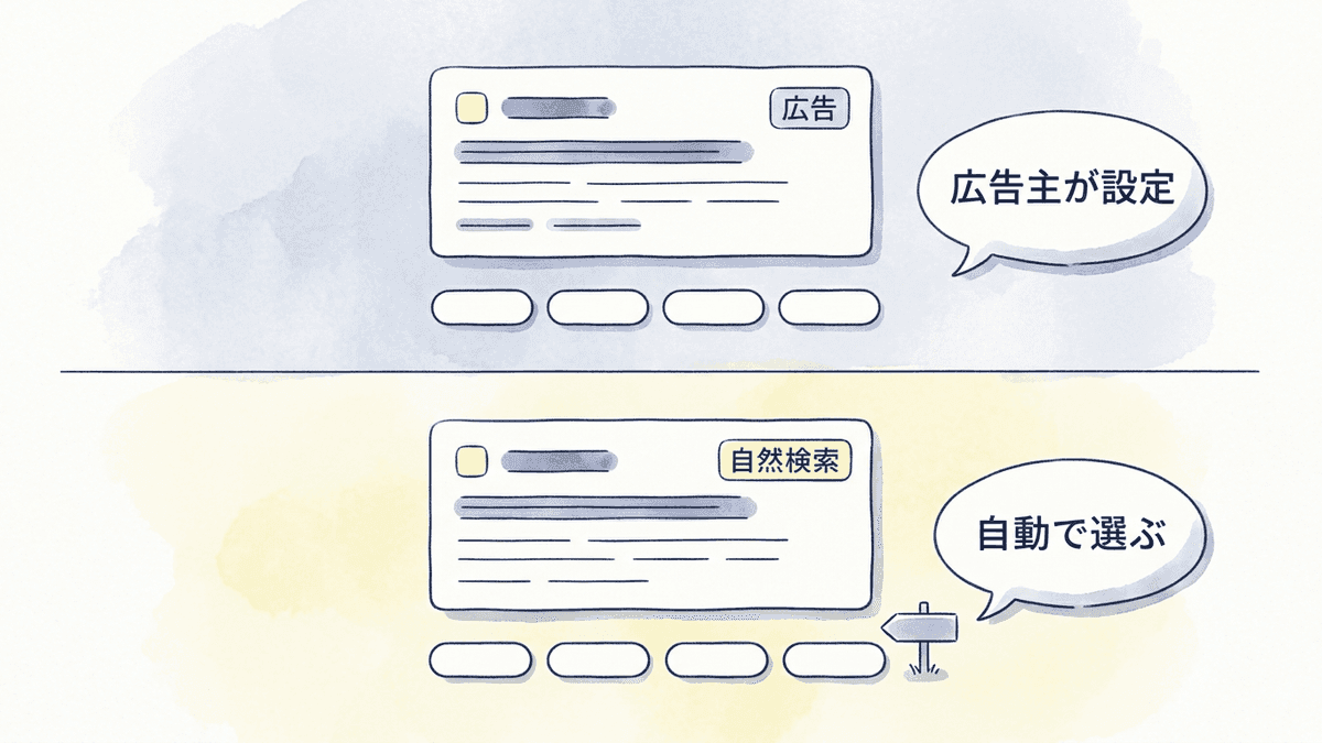 自然検索の結果に付くサイトリンクと、広告に付くサイトリンク アセットを並べた図