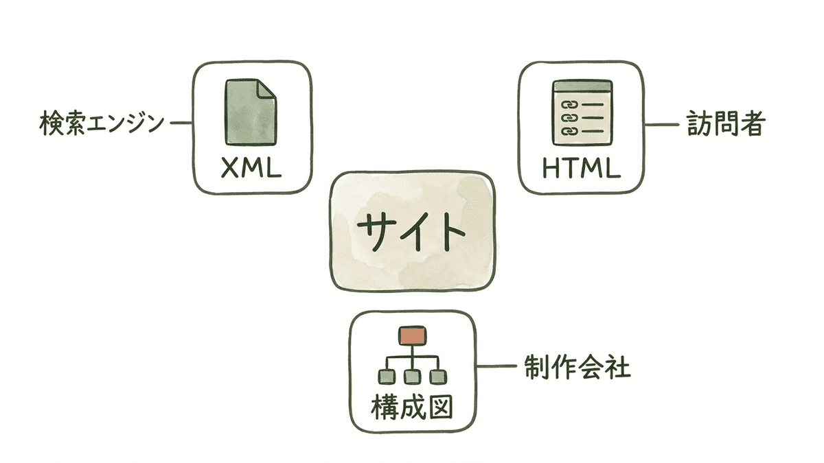 XMLサイトマップ、HTMLサイトマップ、サイト構成図の3つと、それぞれを読む相手を示した図