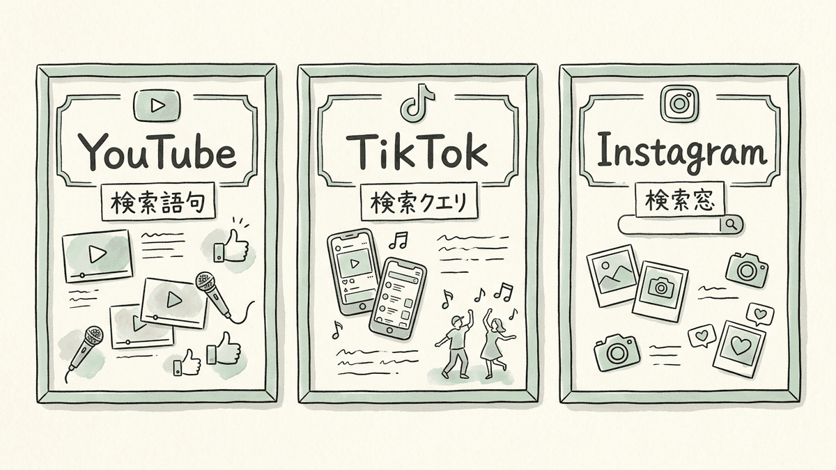 YouTube StudioとTikTok Studioの分析画面と、Instagramの検索窓を並べ、検索から見られたかを確かめる場所を示した図