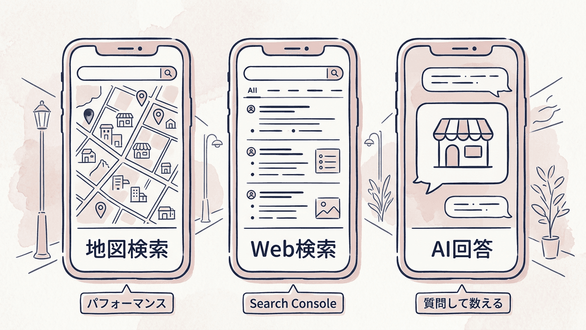 店舗SEOでお店が出る3つの場所と、それぞれの確かめ方を示した図
