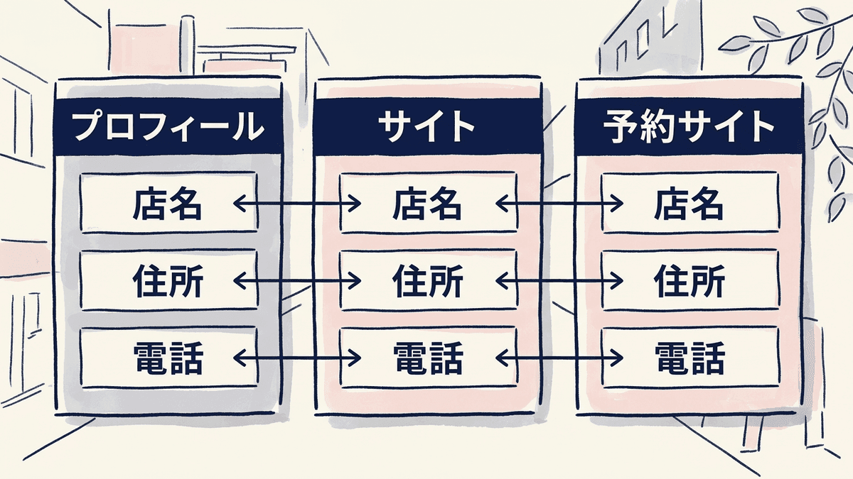 店名と住所と電話番号を、プロフィール、お店のサイト、予約サイトで同じ書き方にそろえることを示した図