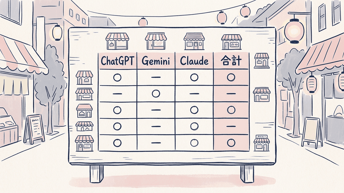 質問ごとに3つのAIの回答で店の名前が出たかを記録する表の図