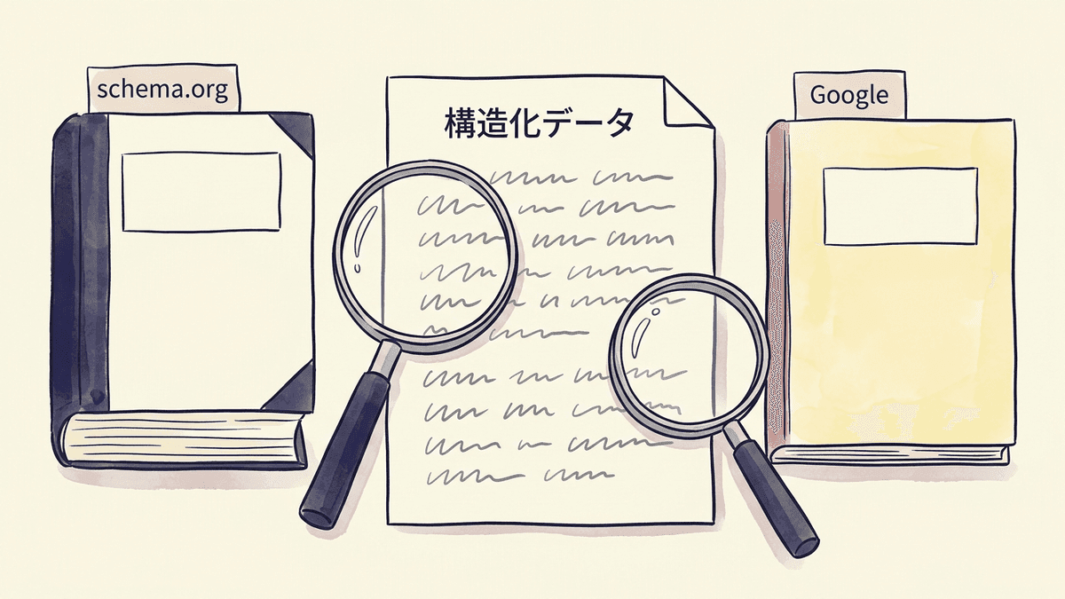 同じ構造化データを、schema.orgの決まりとGoogleの要件の2つに照らし合わせる図